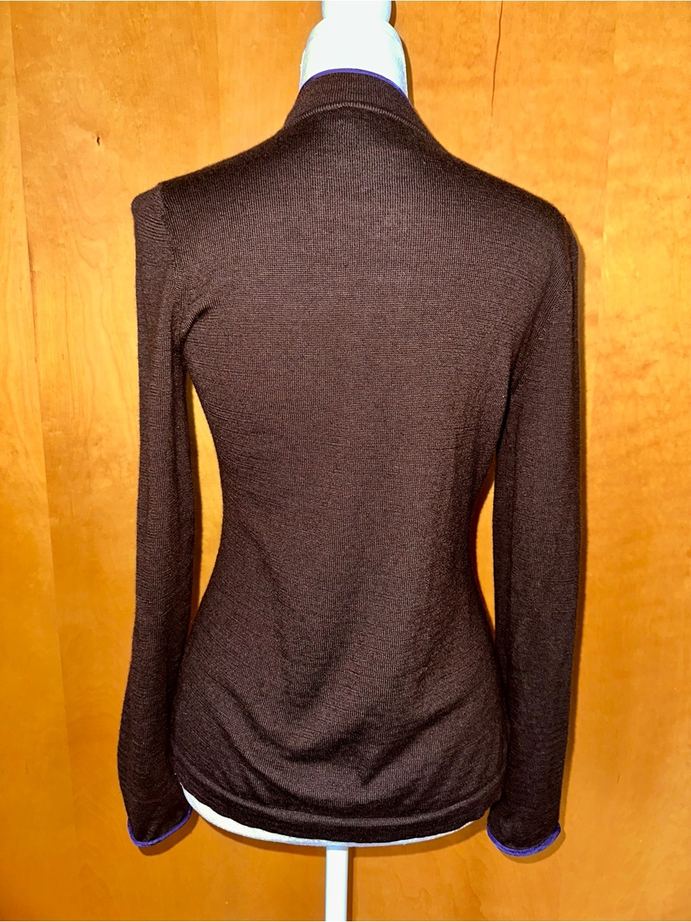 Shanghai Tang Brown Knit Mandarin Collar Cardigan with Purple Trim 100% Wool - Picture 3 of 8